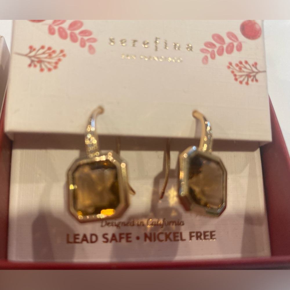 Serefina Amber colored stone Crystal Drop rectangle Earrings On gold frame